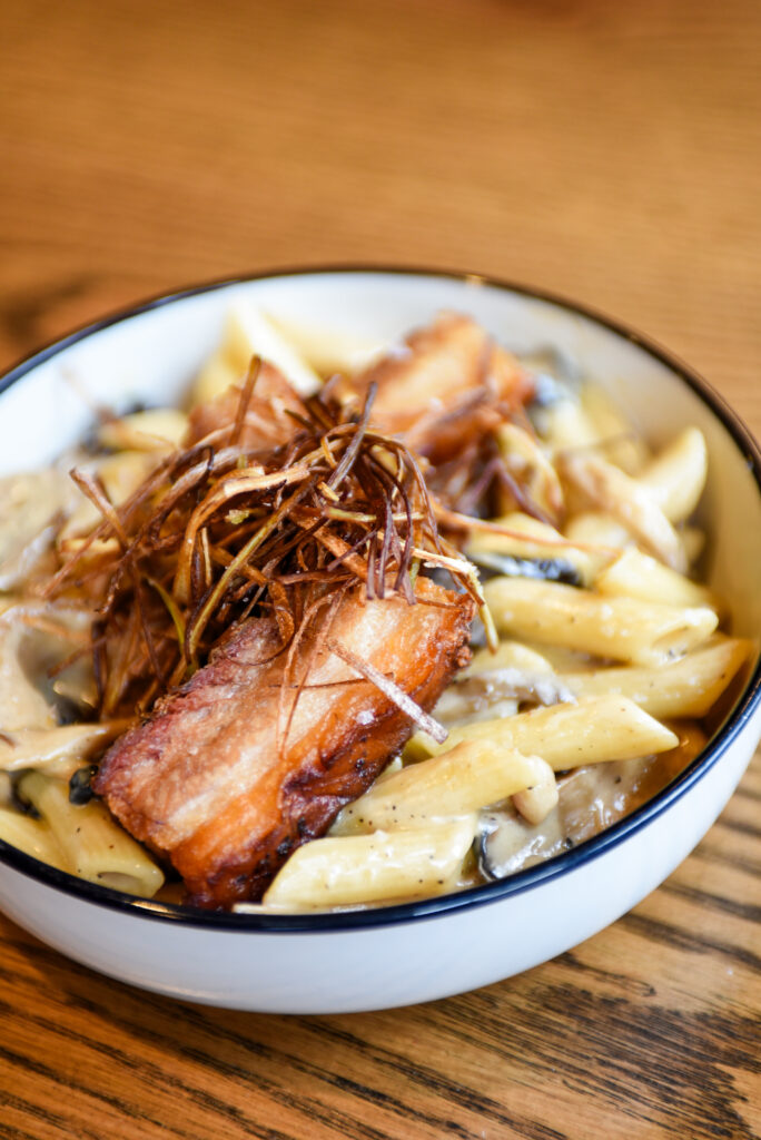 pork belly and mushroom penne pasta with miso cream sauce